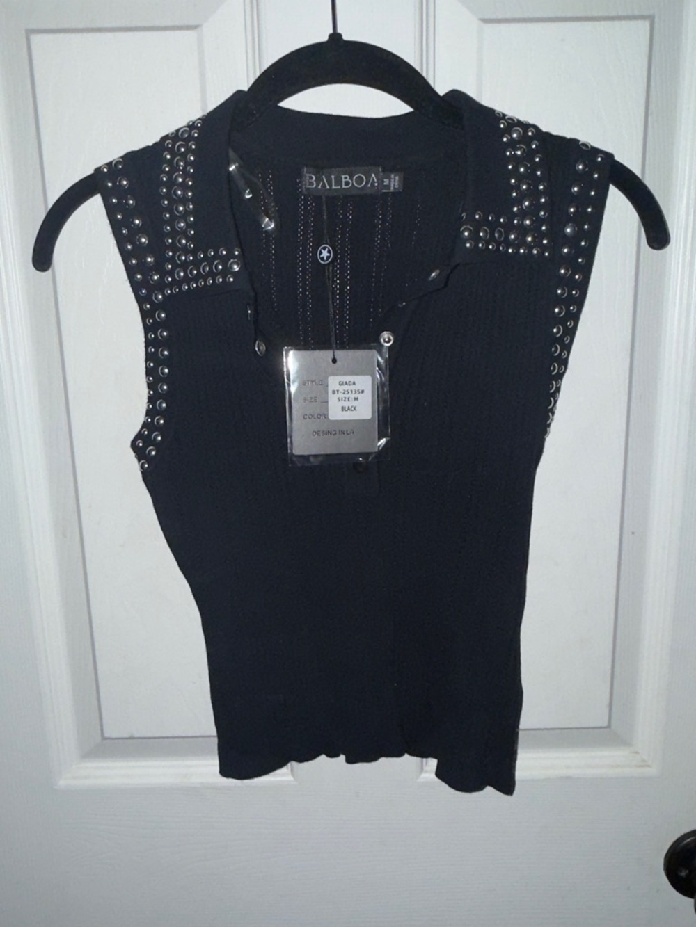 NWT Balboa Black Studded Sleeveless Polo Top